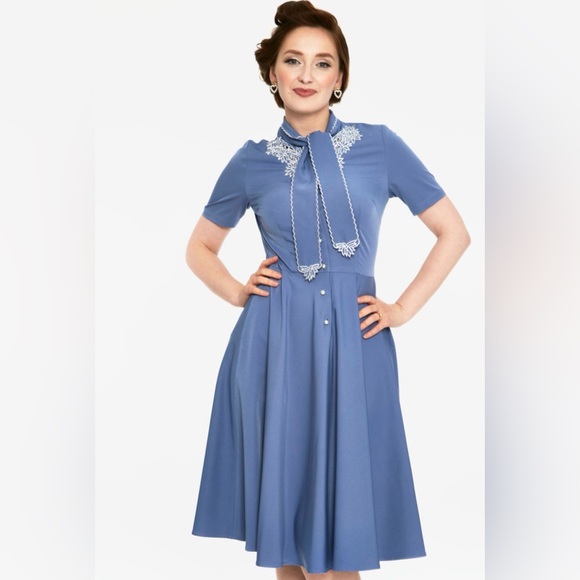 Voodoo Vixen Dresses & Skirts - Voodoo Vixen Bluebell Blue Midi Dress with White Embroidery